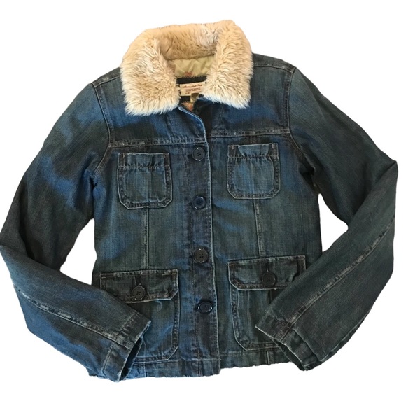 Abercrombie & Fitch Jean Jacket Faux Fur Collar Medium Lined Button Down Pockets - Picture 8 of 11